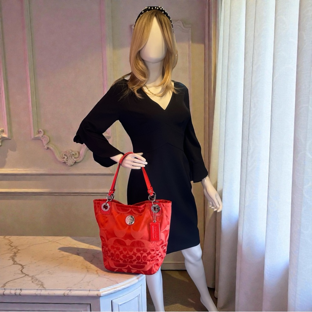 COACH Alex Signature Coral Patent Leather Trim Sateen Canvas Tote EUC - Picture 14 of 14